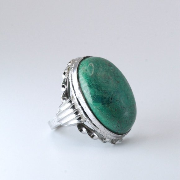 ANTIQUE ART DECO STERLING SILVER LARGE TURQUOISE CABOCHON RING - Picture 4 of 12